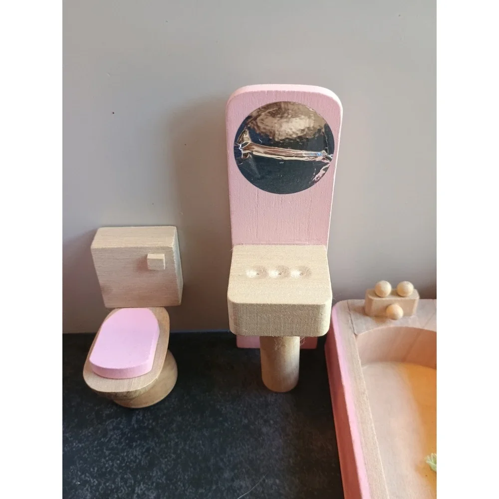 Wooden Kitchen Bathroom Dollhouse Furniture, Pink & White 5 Pieces